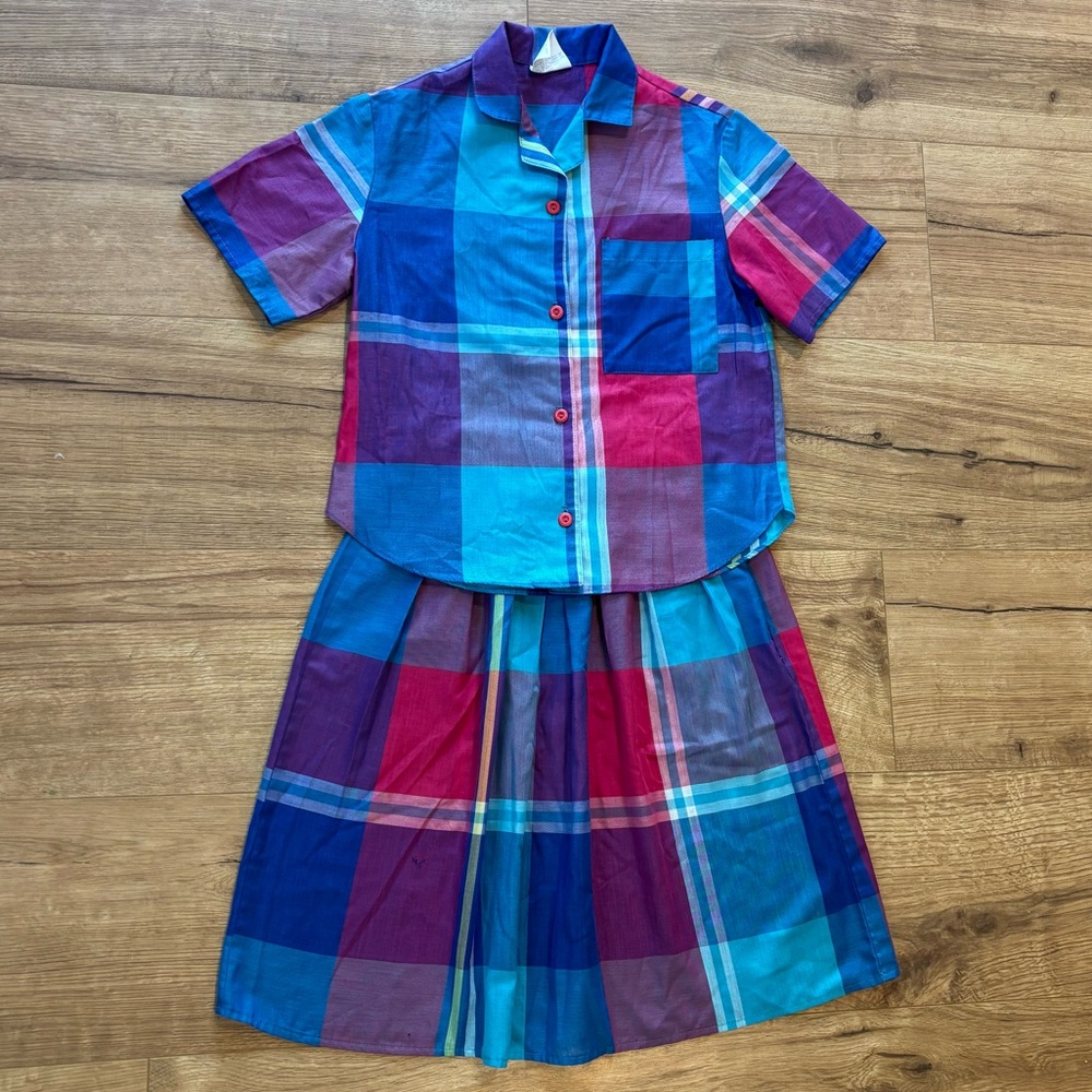 Vintage You Babes Blue/Purple Plaid 2 Piece Button Up Shirt & Skirt Girl Small